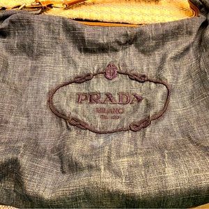 PRADA Denim Embroidered Logo Brown Leather Calf Trim Medium Hobo Shoulder Bag